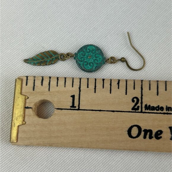 Boho Vintage Style Copper Green Patina Earrings Leaf Feather Dangle Hooks - Picture 5 of 5